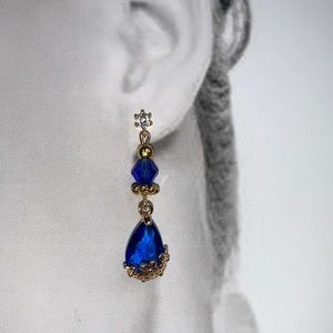 CZ Post Stud Earrings with Dangling Teardrop Blue Polished Crystal Glass Pendant
